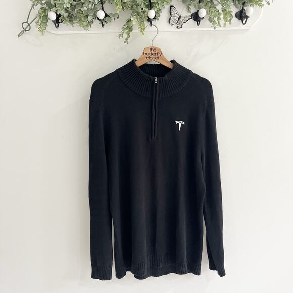 Tesla Sweater Mens Black 1/4 Zip Long Sleeve Knit Embroidered Logo Preppy Size M - Picture 1 of 6